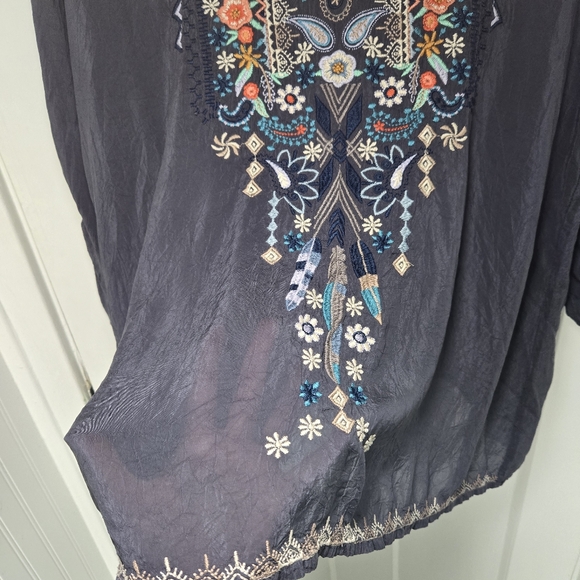 Johnny Was Grey Embroidered Tunic Blouse Sheer Gypsy Bohemian Hippie Size L - Picture 9 of 14
